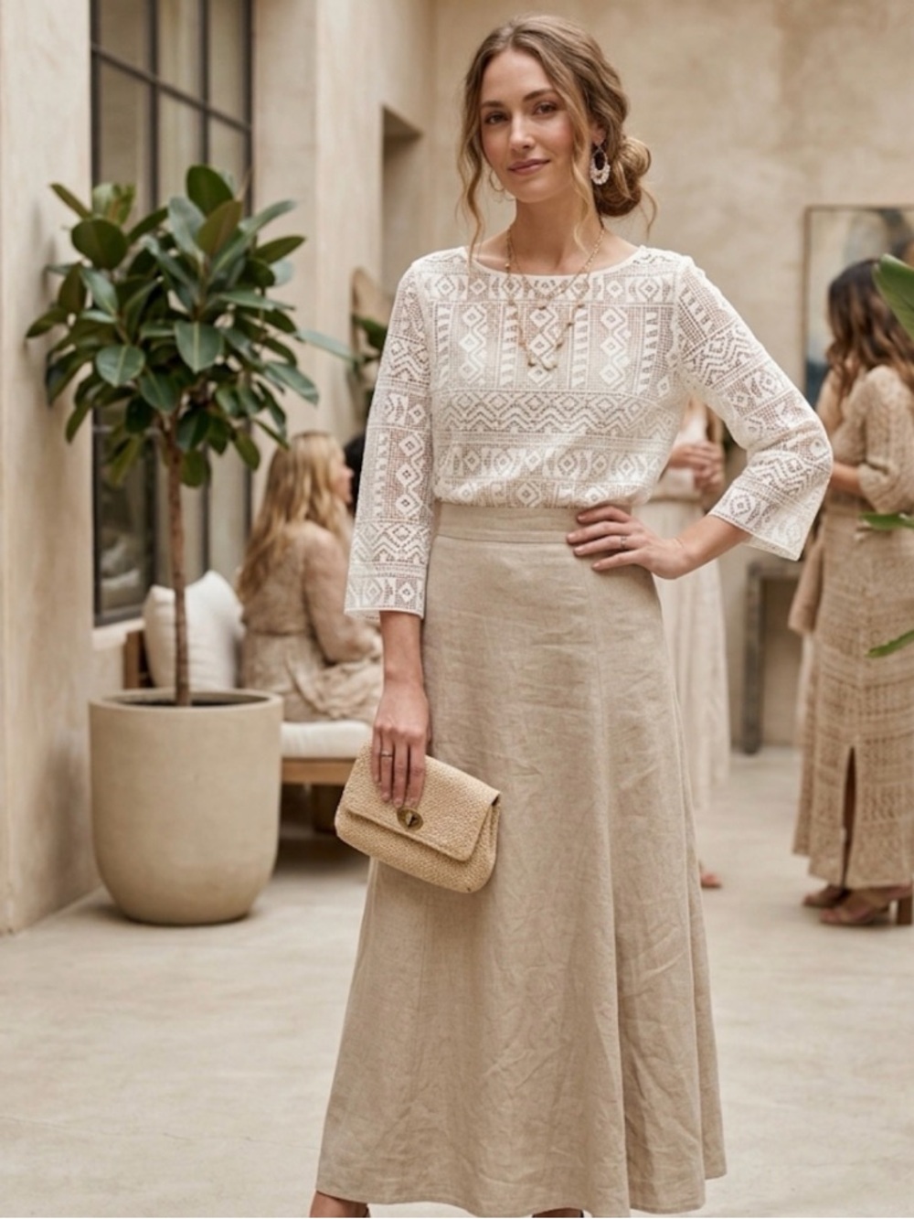 Karen Kane White Crochet Lace 3/4‎ Sleeve Tunic poly XL formal cocktail party